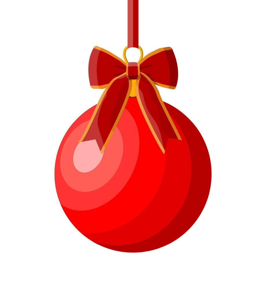 vermelho Natal bola com vermelho fita e arco. feliz Novo ano decoração. alegre Natal feriado. Novo ano e natal celebração. vetor ilustração plano estilo