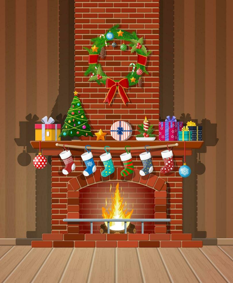 vermelho tijolo clássico lareira com meias, Natal árvore, vela bolas presentes e guirlanda. feliz Novo ano decoração. alegre Natal feriado. Novo ano e natal celebração. vetor ilustração plano estilo