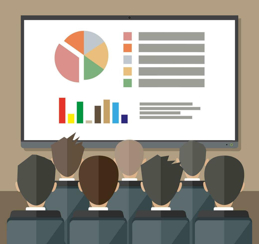 ampla televisão tela com gráfico torta Faz apresentação para de outros o negócio pessoas. Treinamento funcionários, reunião, relatório, o negócio escola. vetor ilustração dentro plano estilo