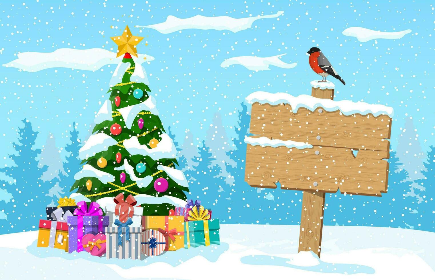 Natal panorama com árvore, presente caixas e de madeira placa de sinalização com Dom-fafe pássaro. inverno panorama com abeto árvores floresta e nevando. Novo ano celebração natal feriado. vetor ilustração plano estilo