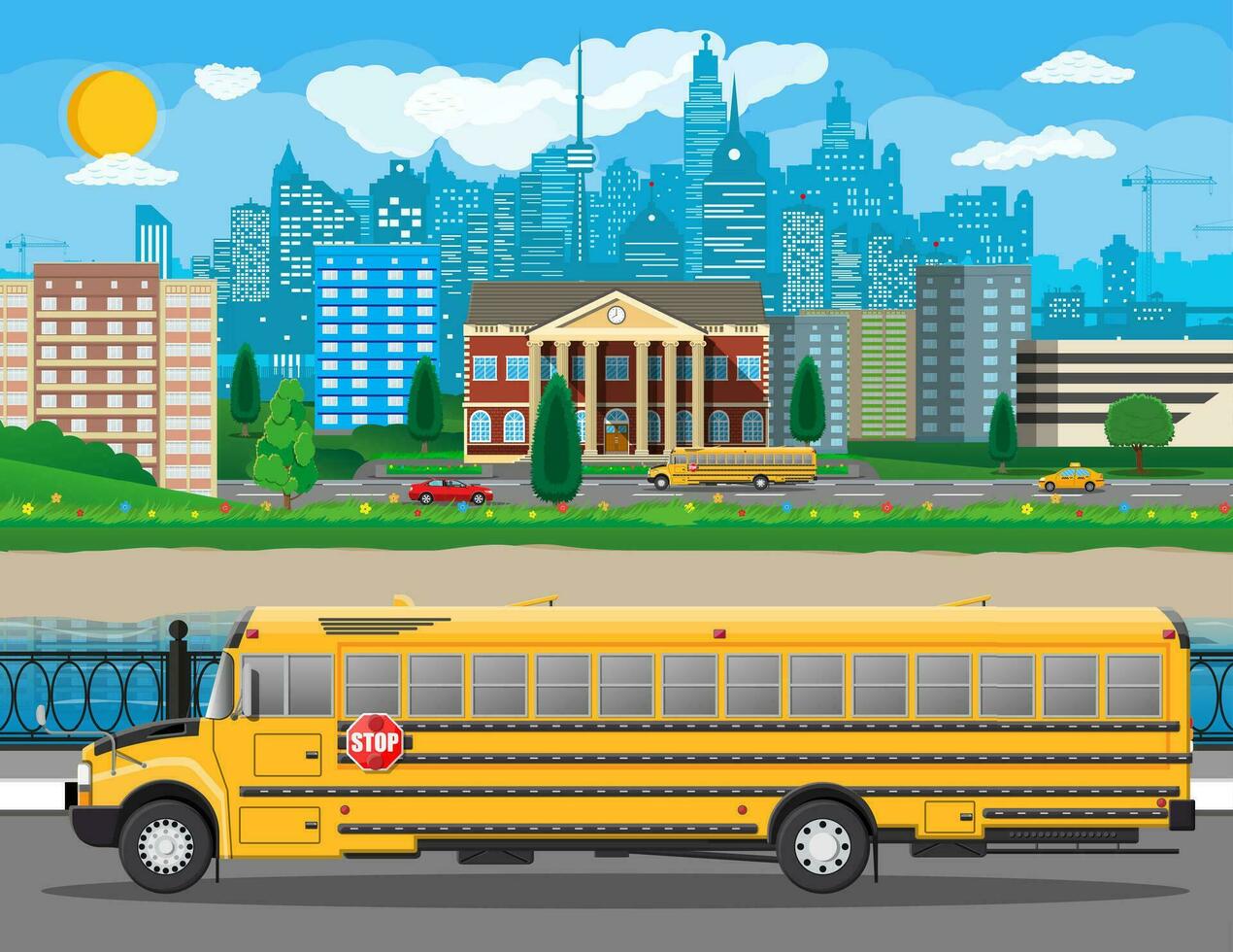 clássico escola construção e paisagem urbana. tijolo fachada com relógios. público educacional instituição e ônibus. Faculdade ou universidade organização. árvore, nuvens, Sol. vetor ilustração dentro plano estilo