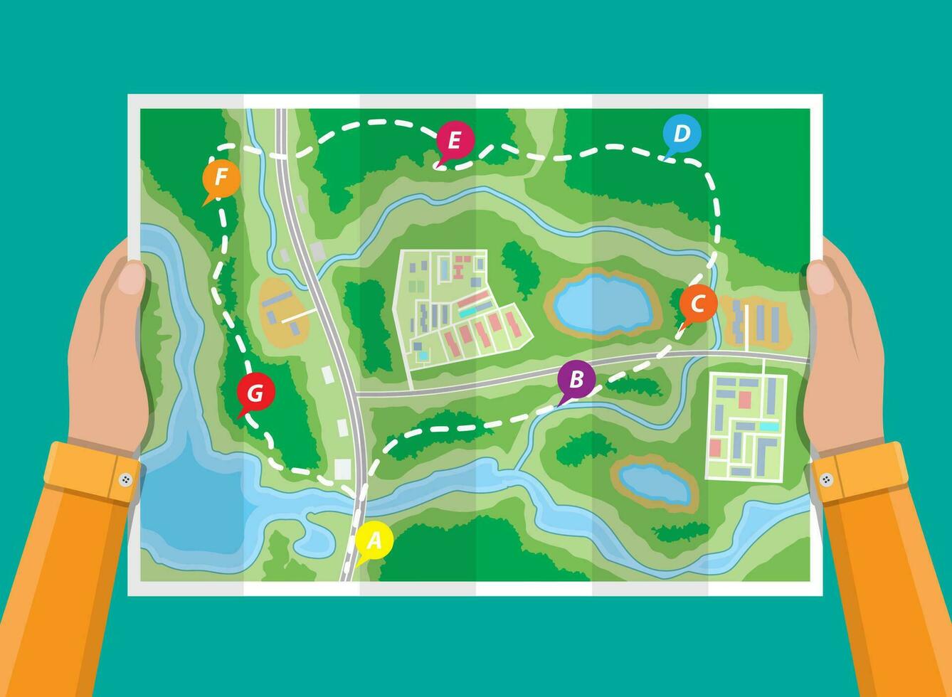 guardada papel cidade suburbano mapa dentro mãos. abstrato genérico mapa com estradas, edifícios, parques, rio, lago. GPS e navegação. vetor ilustração dentro plano estilo