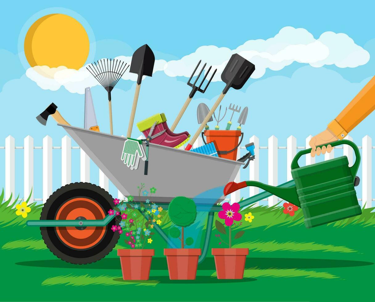 jardinagem Ferramentas definir. equipamento para jardim. Serra balde machado carrinho de mão mangueira ancinho pode pá tesouras de podar luvas botas. de madeira cerca, flor, grama, árvore, céu, nuvem. vetor ilustração dentro plano estilo