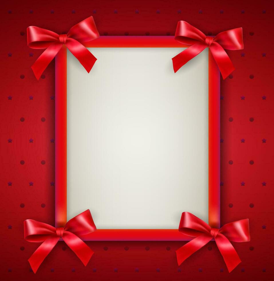 branco vertical texto quadro, Armação com vermelho fitas e arcos às cantos às vermelho fundo com pontos e estrelas. modelo para aniversário saudações Natal Novo ano cartão. vetor ilustração