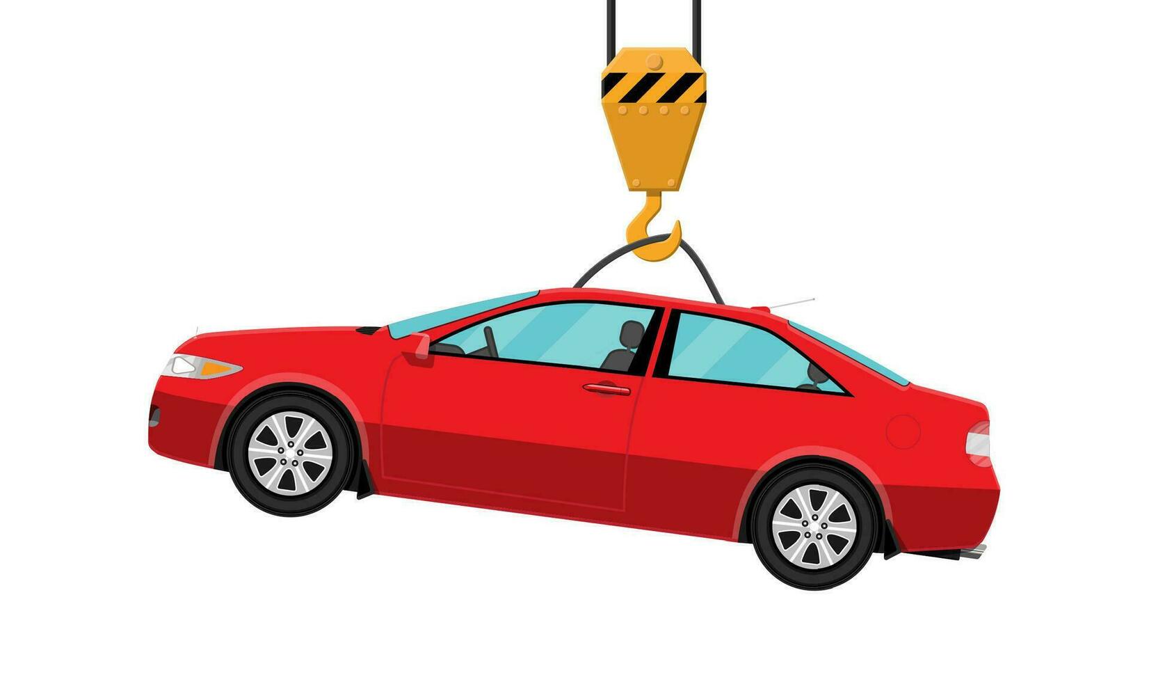 vermelho cupê carro suspensão em gancho guindaste. carro estrada evacuação. vetor ilustração dentro plano estilo