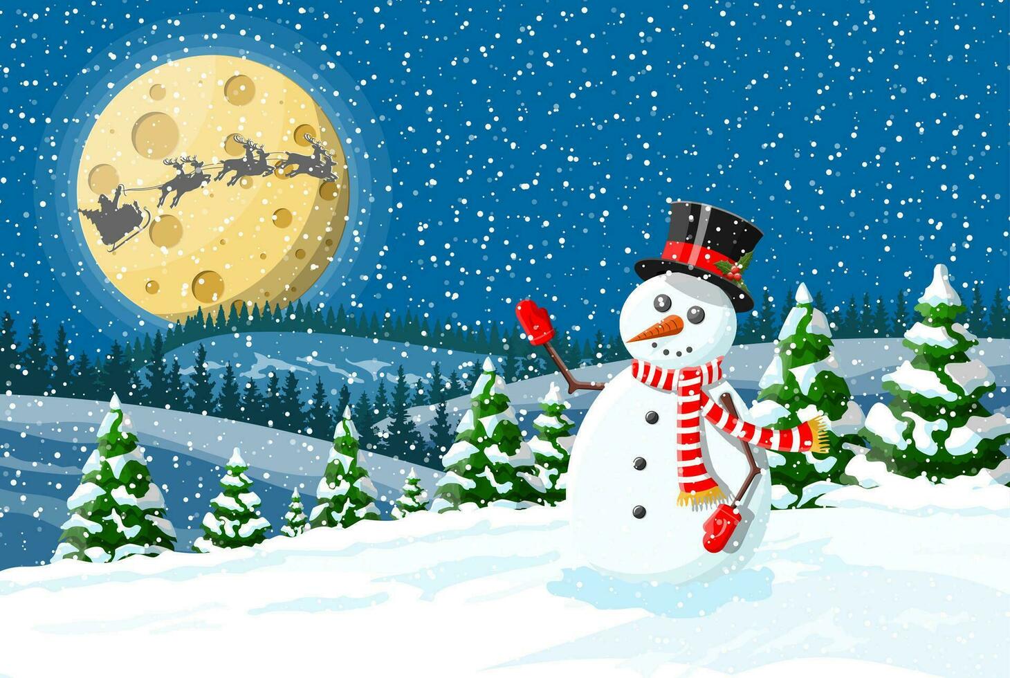 inverno Natal fundo. boneco de neve, pinho árvore e neve. inverno panorama com abeto árvores floresta e nevando. feliz Novo ano celebração. Novo ano natal feriado. vetor ilustração plano estilo