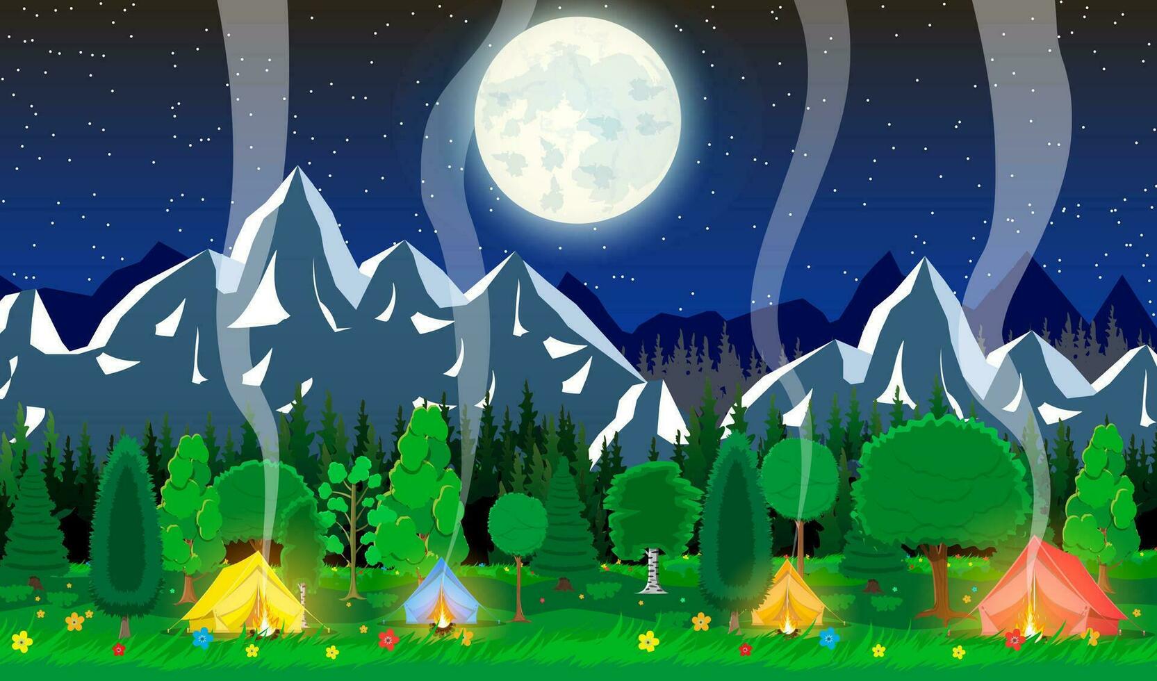 Prado com Relva e acampamento dentro noite. barraca, fogueira, flores, montanhas, árvores, céu, lua e estrelas. vetor ilustração dentro plano estilo