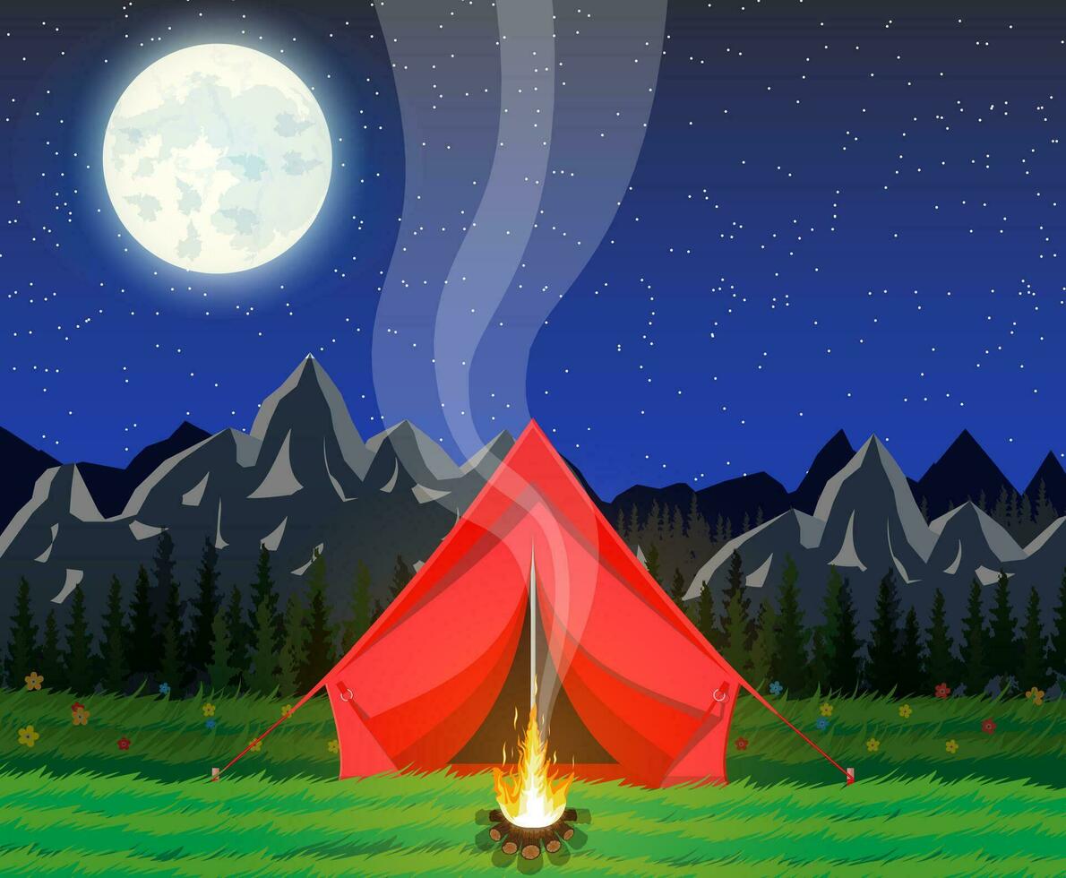 Prado com Relva e acampamento dentro noite. barraca, fogueira, flores, montanhas, árvores, céu, lua e estrelas. vetor ilustração dentro plano estilo