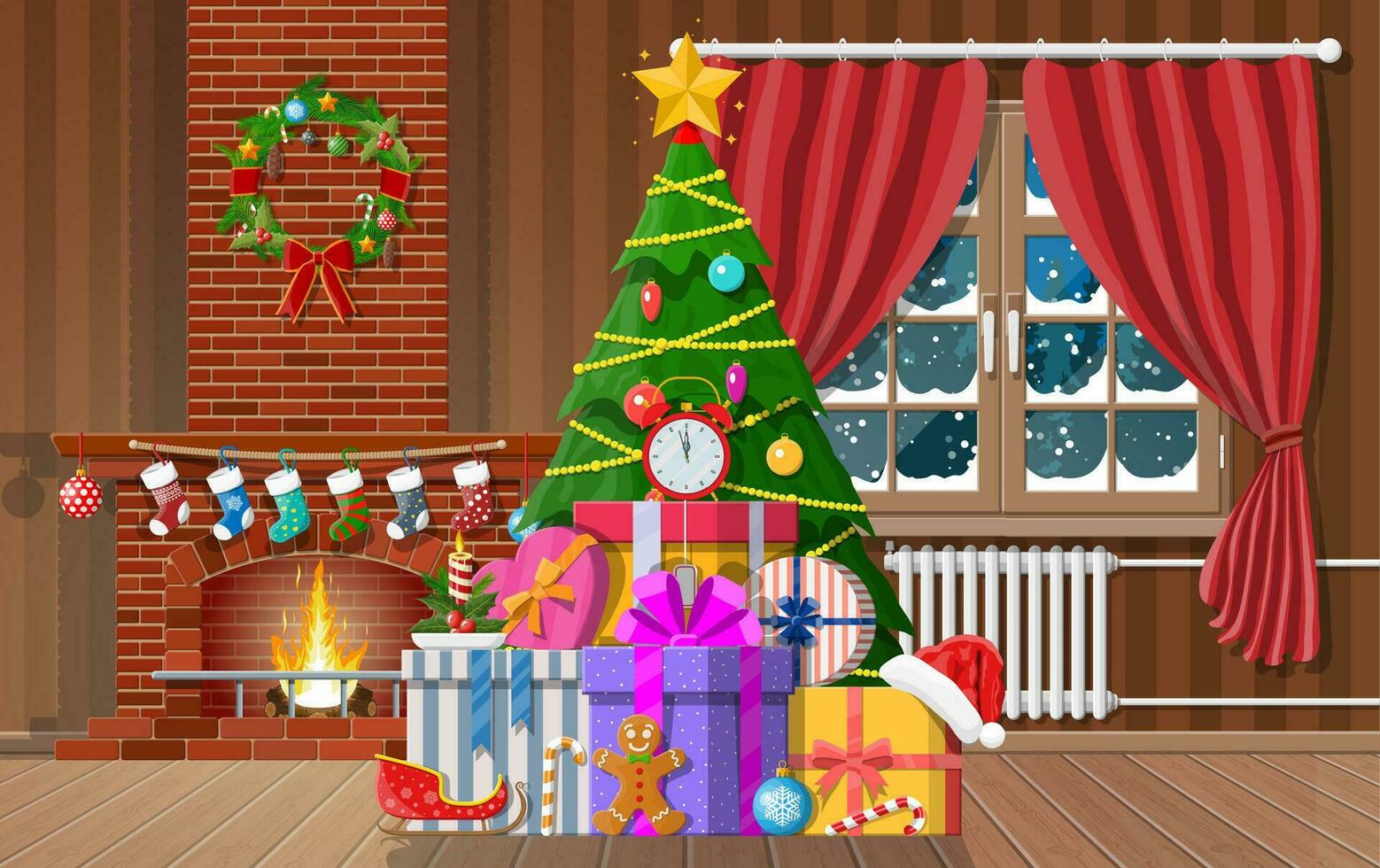 Natal interior do quarto com árvore, janela, presentes e decorado lareira. feliz Novo ano decoração. alegre Natal feriado. Novo ano e natal celebração. vetor ilustração plano estilo