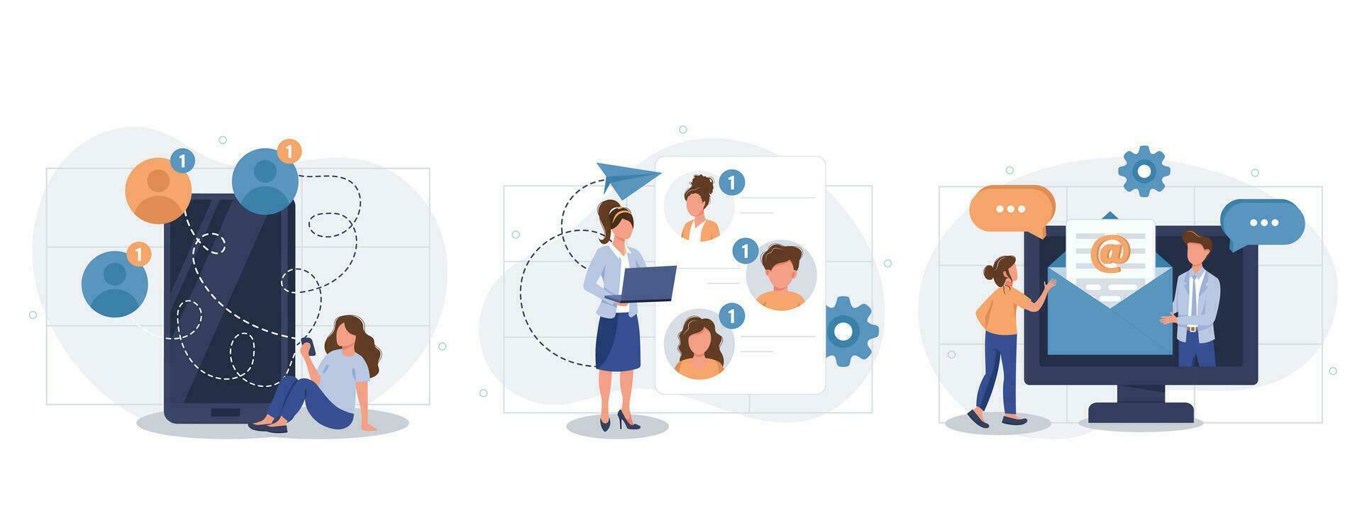 o email serviço conceito definir. Comercial corresponder dentro bate-papos, enviando mensagens dentro aplicativos. pessoas isolado cenas dentro plano Projeto. vetor ilustração para blogar, local na rede Internet, Móvel aplicativo, promocional materiais