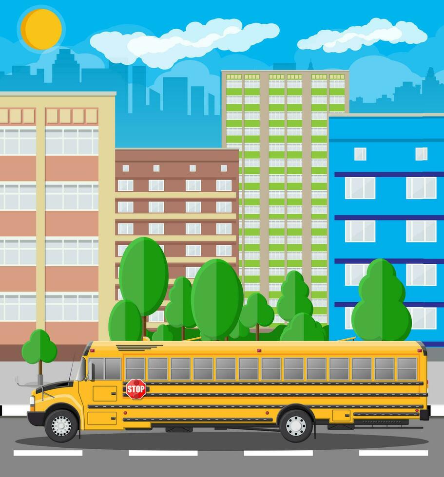 amarelo grandes clássico escola ônibus dentro cidade. crianças equitação ônibus escolar transporte. paisagem urbana, estrada, edifícios, árvore, céu e Sol. vetor ilustração dentro plano estilo