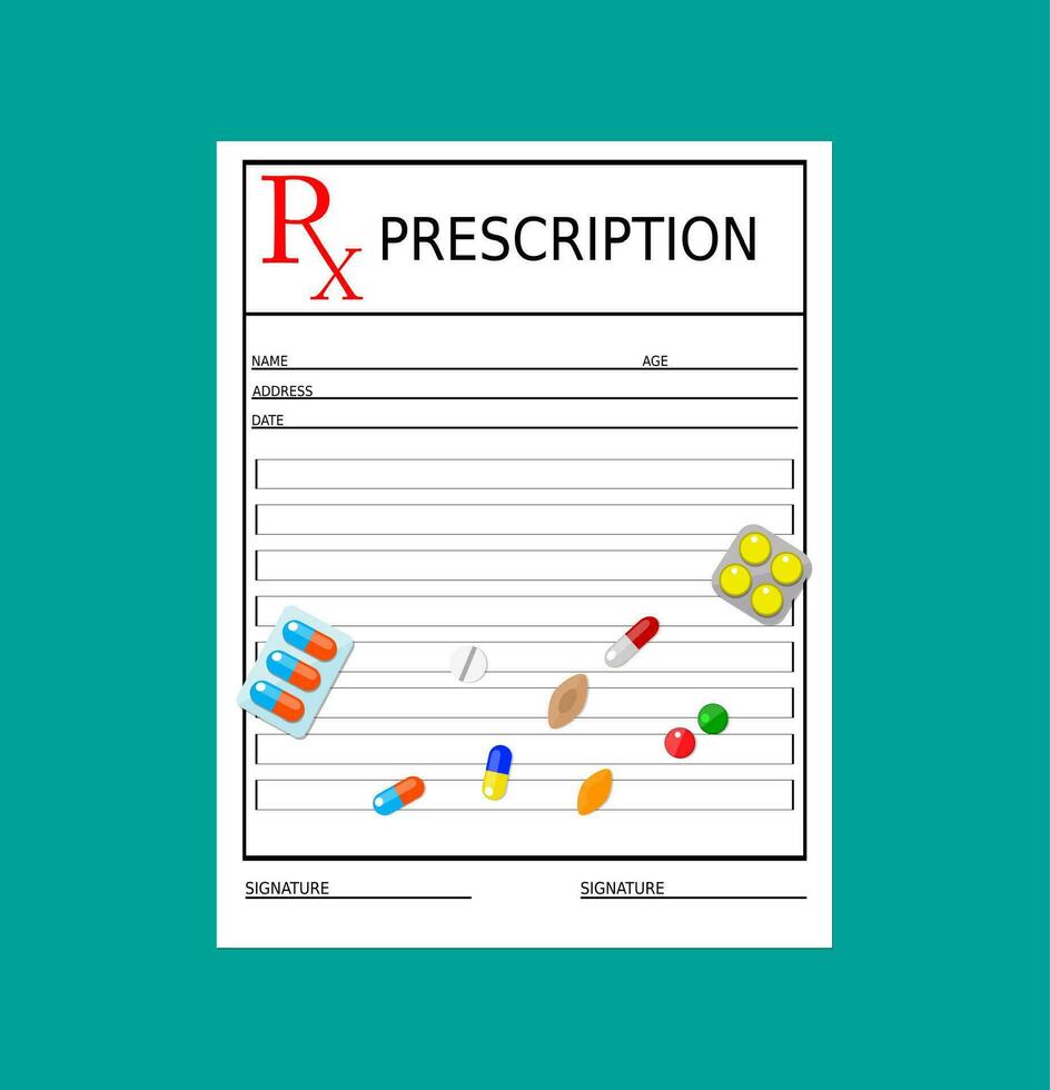 rx prescrição em branco e pílulas. assistência médica, hospital e médico diagnóstico conceito. vetor ilustração dentro plano estilo