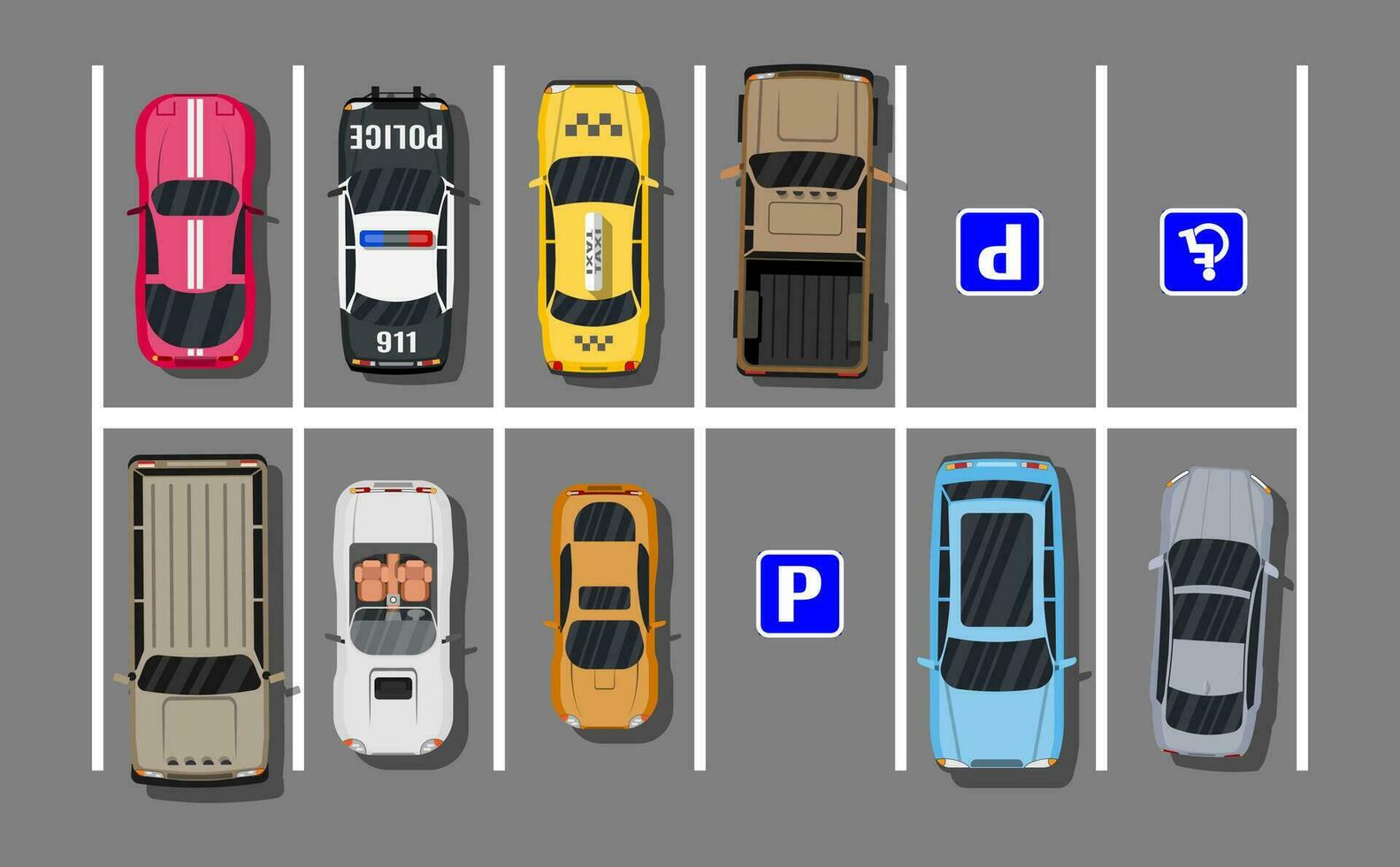 cidade estacionamento muitos com diferente carros. escassez estacionamento espaços. estacionamento zona topo Visão com vários veículos. sedã, roadster, suv, esporte carro, escolher. vetor ilustração dentro plano estilo