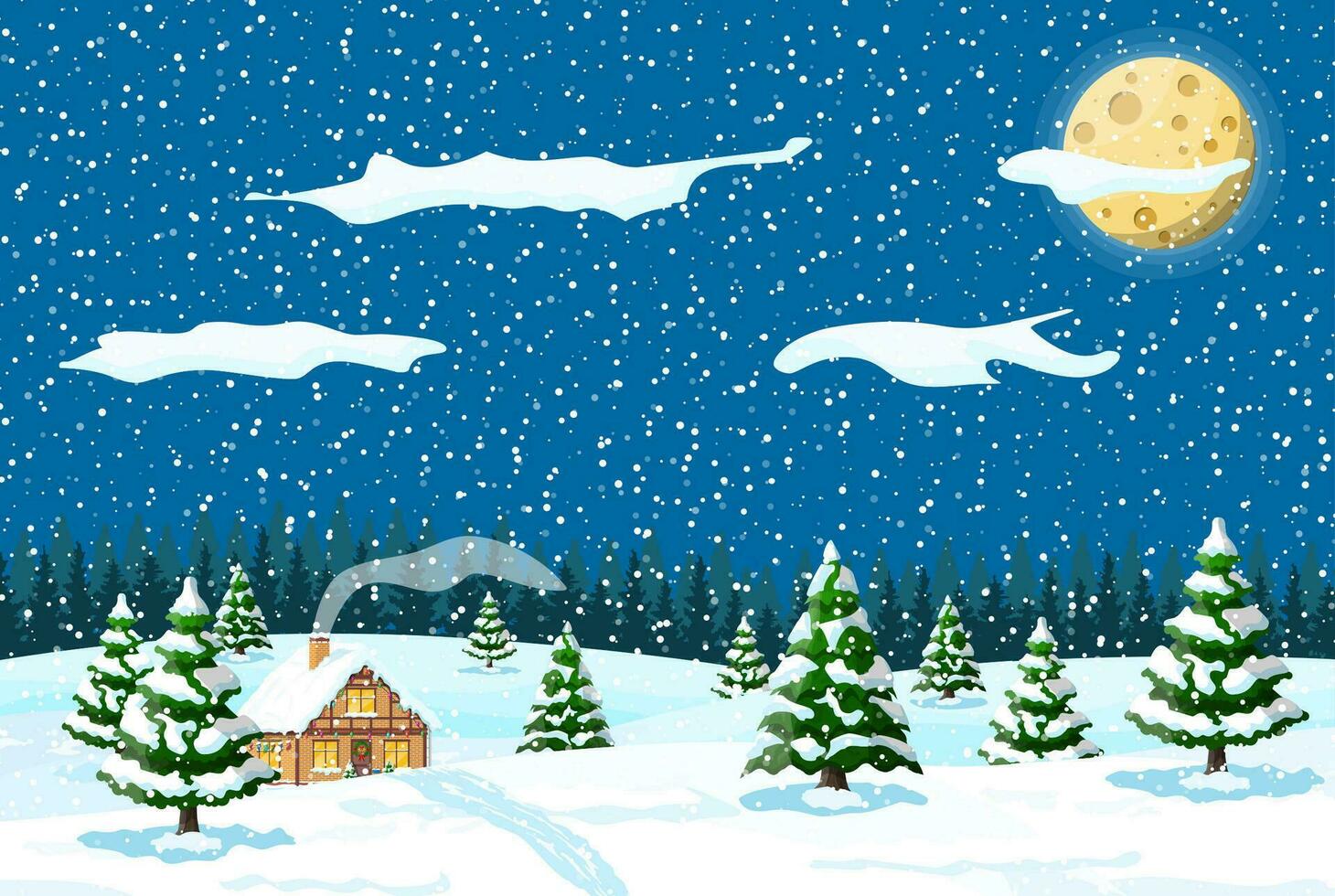 suburbano casa coberto neve. construção dentro feriado ornamento. Natal panorama árvore abeto, cerca. feliz Novo ano decoração. alegre Natal feriado. Novo ano natal celebração. vetor ilustração