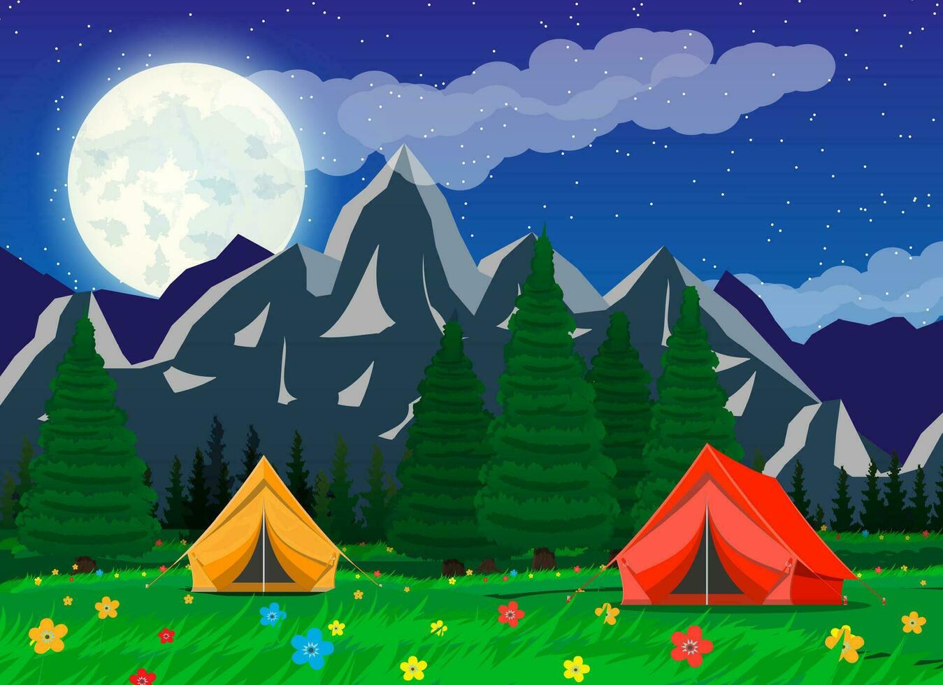 Prado com Relva e acampamento. tendas, flores, montanhas, árvores, céu, estrelas, lua e nuvens. vetor ilustração dentro plano estilo