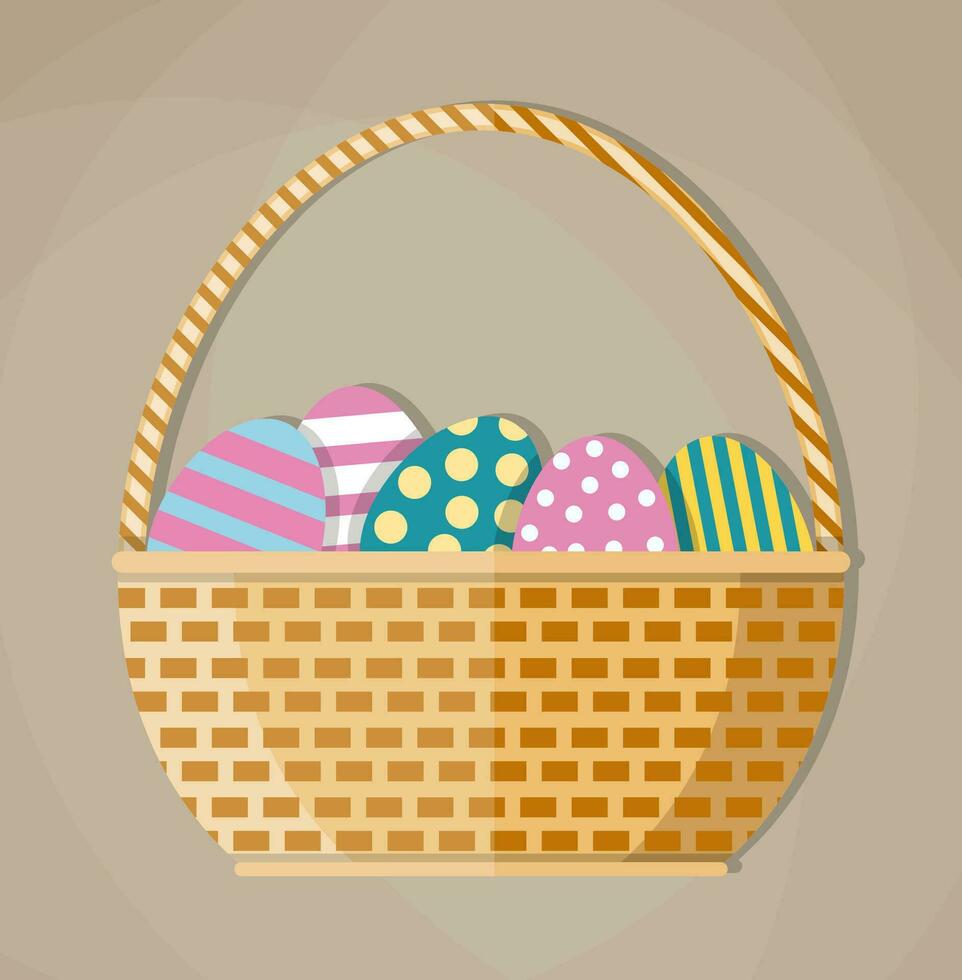 Castanho tecido vime cesta cheio do colori Páscoa ovos. vetor ilustração dentro plano Projeto em luz fundo
