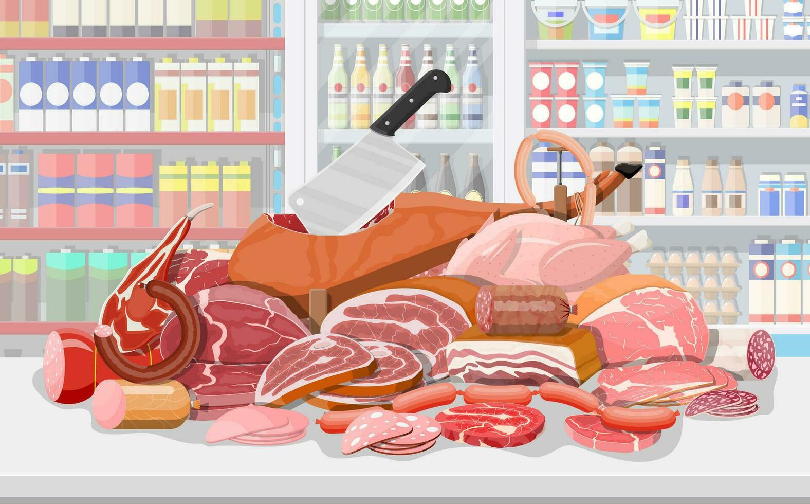 carne produtos dentro supermercado prateleira. carne loja açougueiro fazer compras mostruário contador. linguiça fatias produtos. Delicatessen gastronômico produtos do carne carne de porco frango salame. vetor ilustração plano estilo