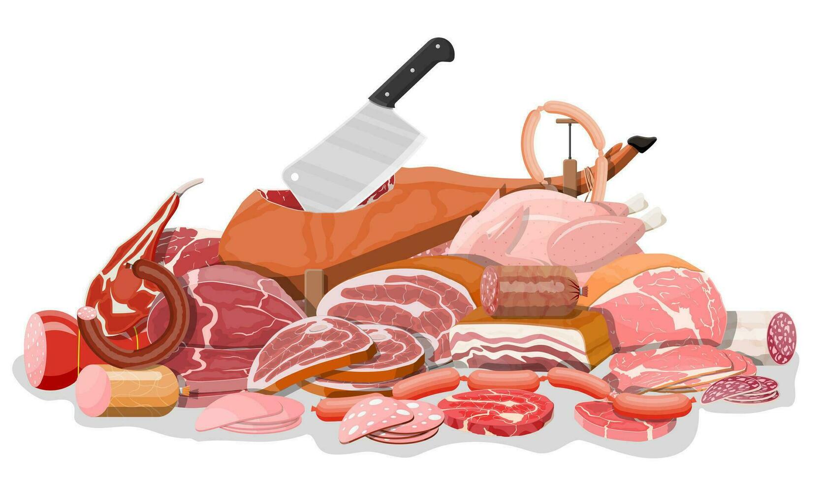 coleção do eu no. cortar, salsichas, bacon, presunto. marmorizado carne e carne bovina. açougueiro comprar, Churrascaria, Fazenda orgânico produtos. mercearia Comida produtos. carne de porco fresco bife. vetor ilustração dentro plano estilo