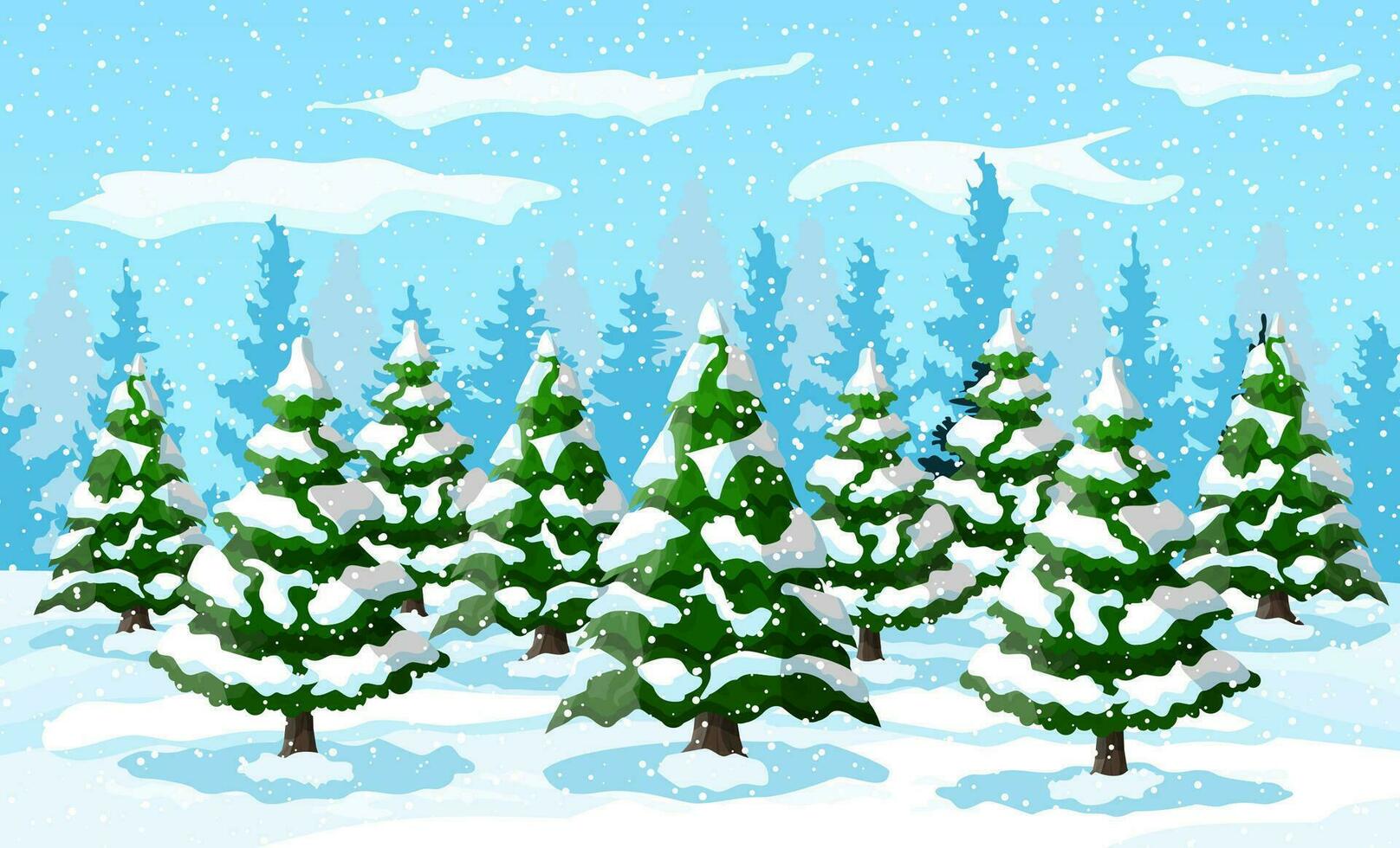 inverno panorama com branco pinho árvores em neve colina. Natal panorama com abeto árvores floresta e nevando. feliz Novo ano celebração. Novo ano natal feriado. vetor ilustração plano estilo