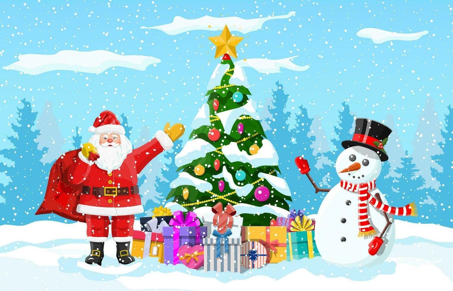 Natal fundo. Natal árvore guirlandas bolas presente caixas santa e boneco de neve. inverno panorama abeto árvores floresta nevando. Novo ano celebração feliz natal feriado. vetor ilustração plano estilo