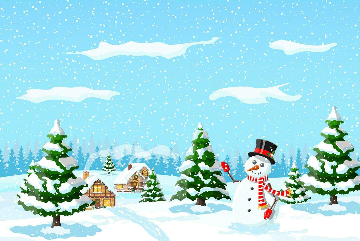 suburbano casa coberto neve. construção dentro feriado ornamento. Natal panorama árvore abeto, boneco de neve. feliz Novo ano decoração. alegre Natal feriado. Novo ano natal celebração. vetor ilustração