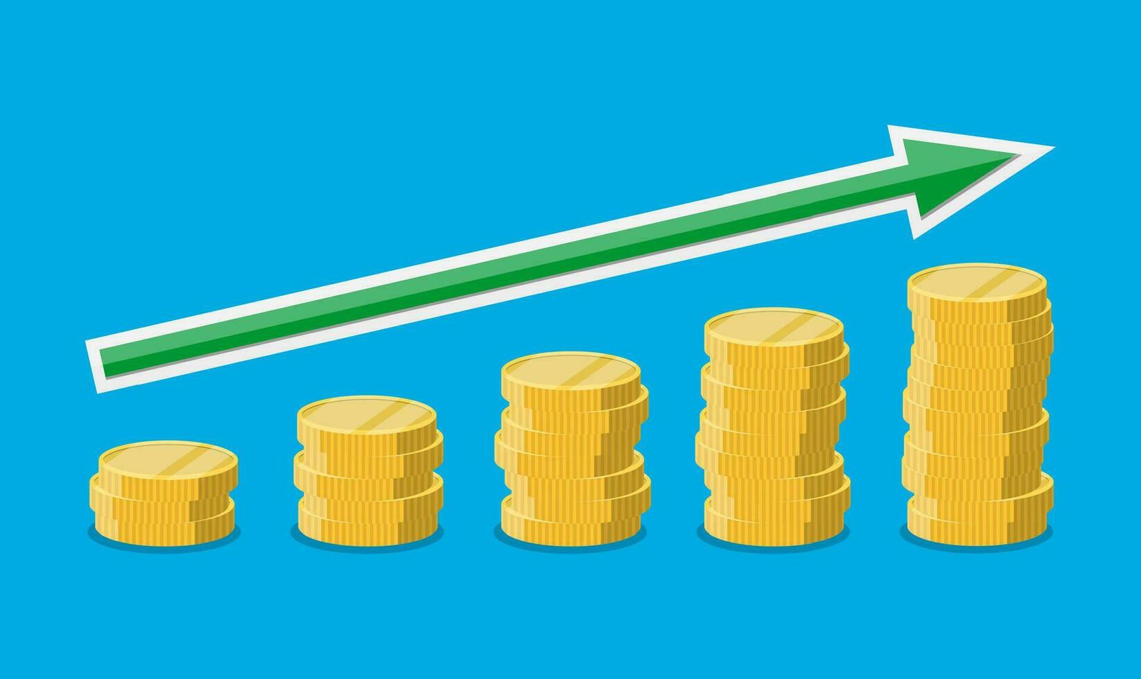 moedas pilhas com seta para cima. financeiro sucesso, poupança e investimento. dourado moedas. vetor ilustração dentro plano estilo