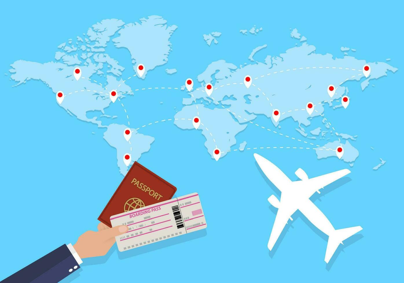 mundo mapa com rotas avião, e mão com Passaporte e bilhete . vetor ilustração dentro plano Projeto. viagem conceito