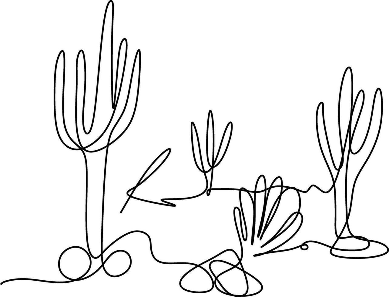 1 linha arte. contínuo linha arte. mão desenhado esboço do uma deserto plantas vetor