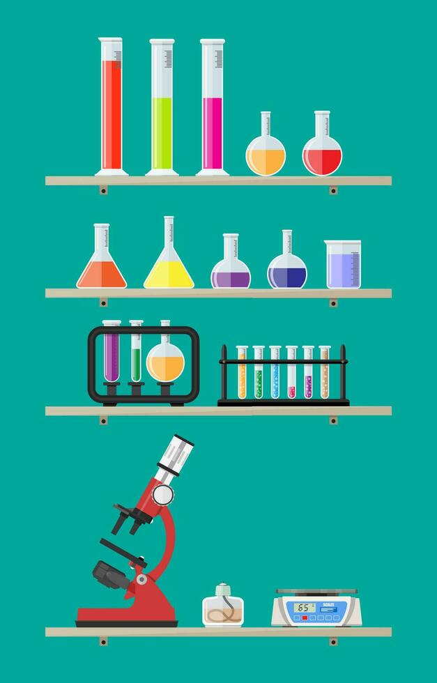 laboratório equipamento em prateleiras, jarros, copos, frascos, microscópio, espírito lâmpada, escalas, biologia Ciência Educação médico vetor ilustração dentro plano estilo