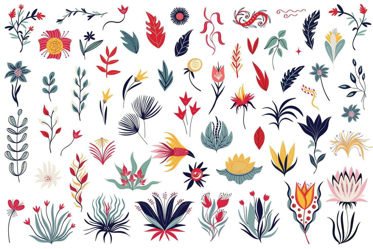 conjunto do ilustrações com flores e plantas dentro ásia estilo. quadrinho ilustração vetor