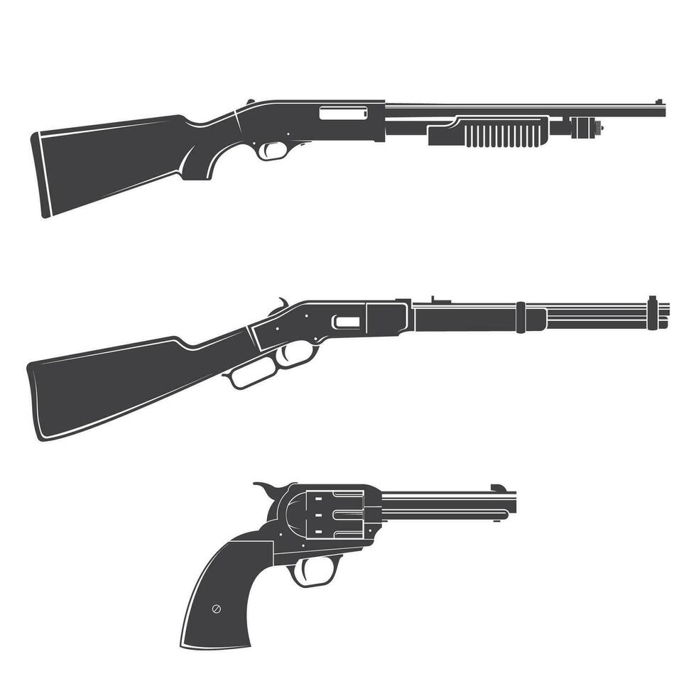 conjunto do arma de fogo e rifles silhueta ícone. vetor. ocidental arma de fogo isolado em a branco fundo. vetor