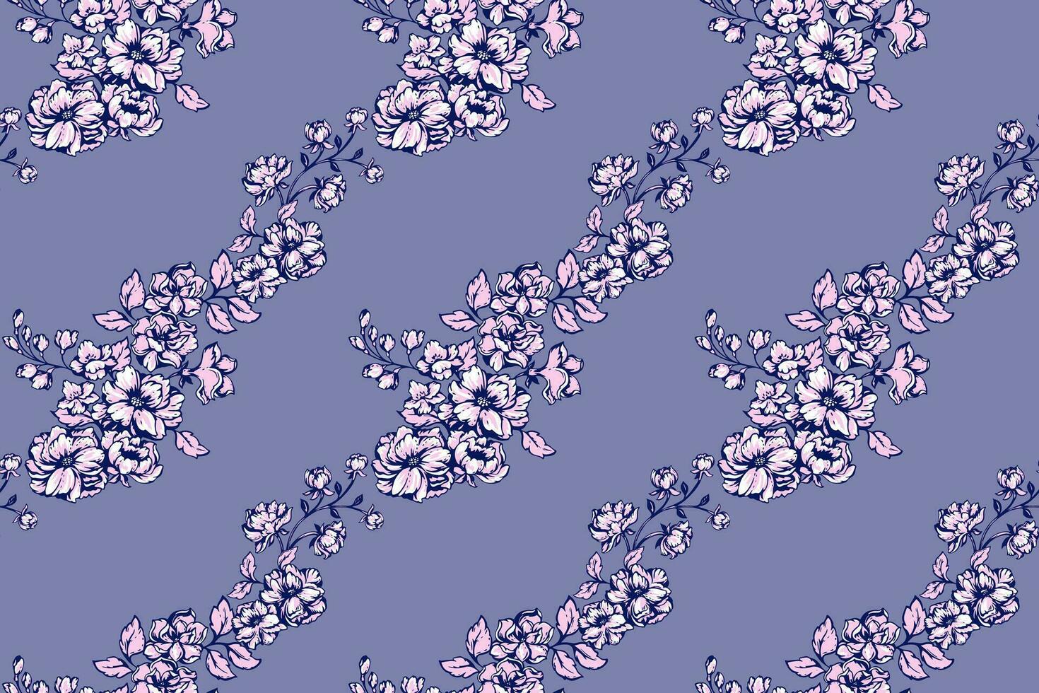 artístico estilizado entrelaçados galhos flores com desatado padronizar. florescendo Rosa haste floral em uma azul costas imprimir. vetor mão retirou. modelo para projeto, têxtil, moda, tecido, papel de parede