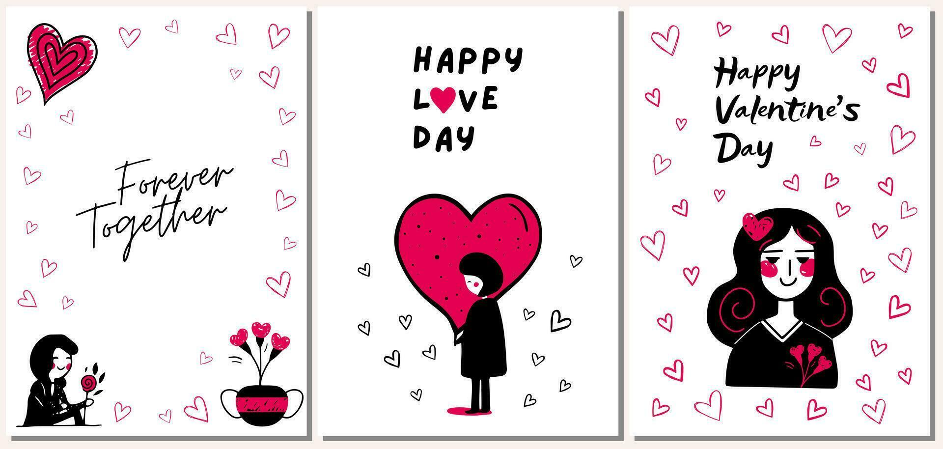 conjunto do dia dos namorados dia rabisco quadros. minimalista fundos com garota, corações, flores amor conceito cartões vetor