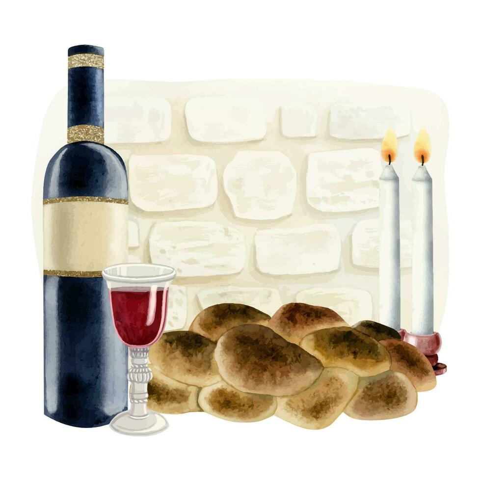 shabat cena em Jerusalém ocidental parede com dois queimando velas, Challah, vermelho vinho garrafa aguarela vetor ilustração para judaico sábado véspera