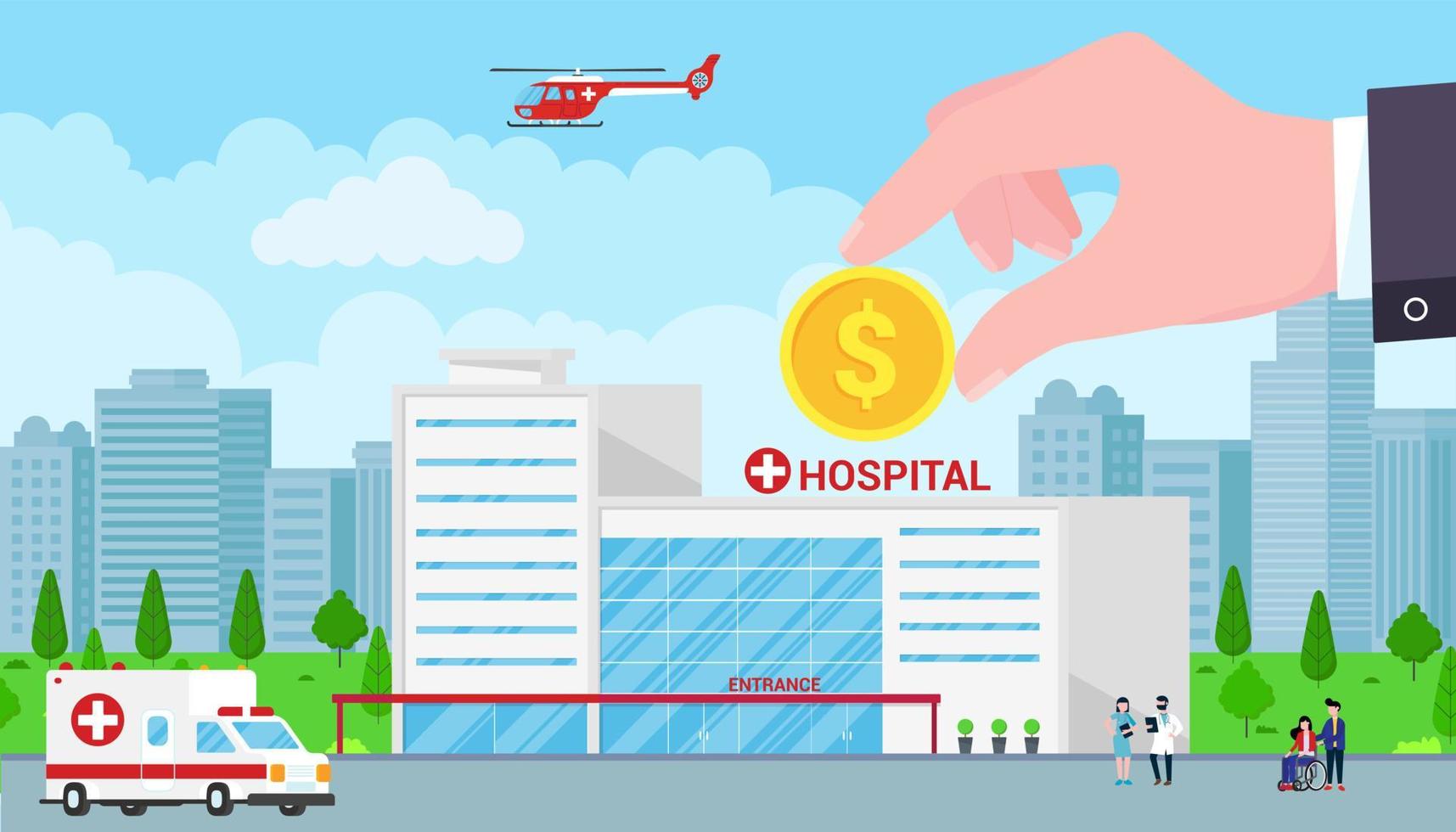 mão segure a moeda dourada acima do prédio do hospital, médico, enfermeira, pacientes, helicóptero e ambulância em estilo simples. prédio do hospital, médicos, enfermeiras, mulher em cadeira de rodas. conceito de investimento. vetor