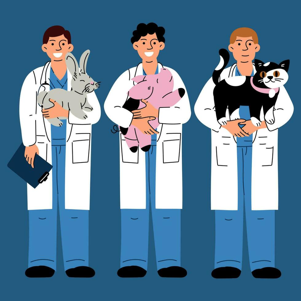 conjunto do feliz masculino Veterinários com uma variedade do animais de estimação. vetor ilustração do animal Cuidado. plano estilo. rapazes estão Veterinários com animais dentro seus braços porco, coelho, gato. Veterinários dia