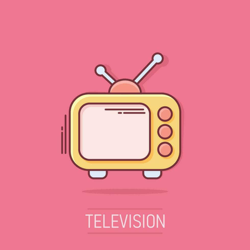 ícone de monitor de televisão de desenho vetorial em estilo cômico. pictograma de ilustração do conceito de tela de tv. conceito de efeito de respingo de negócios de programa de tv. vetor