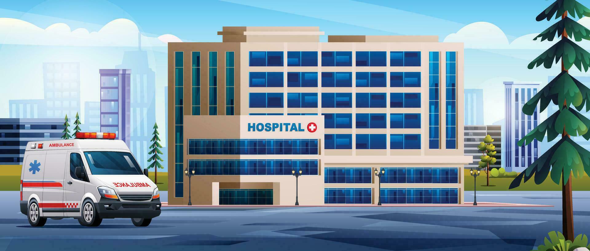 hospital construção com ambulância emergência carro. médico clínica com cidade fundo panorama ilustração vetor