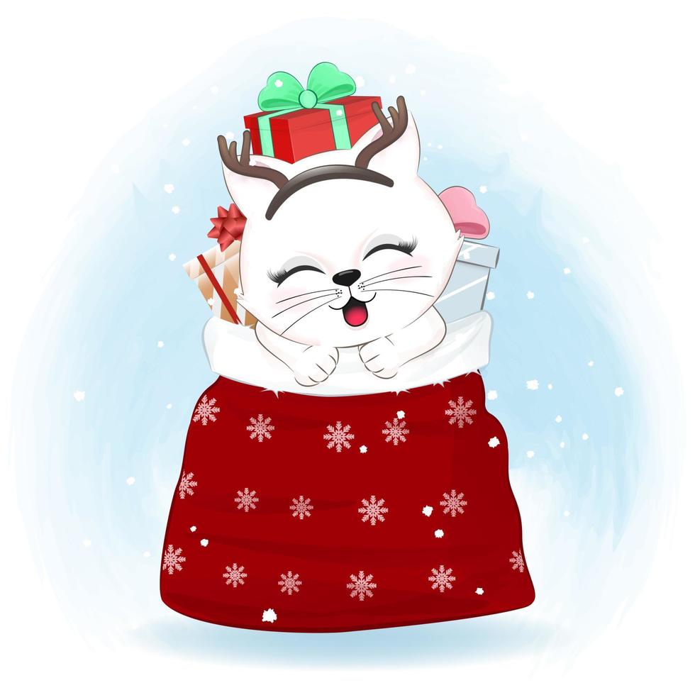 gato fofo na sacola de presentes temporada de natal vetor