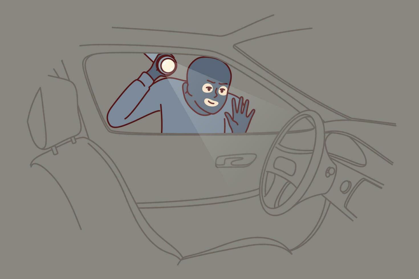ladrão carrinhos perto carro e brilha lanterna para dentro interior roubando veículo a partir de garagem ou estacionamento vetor