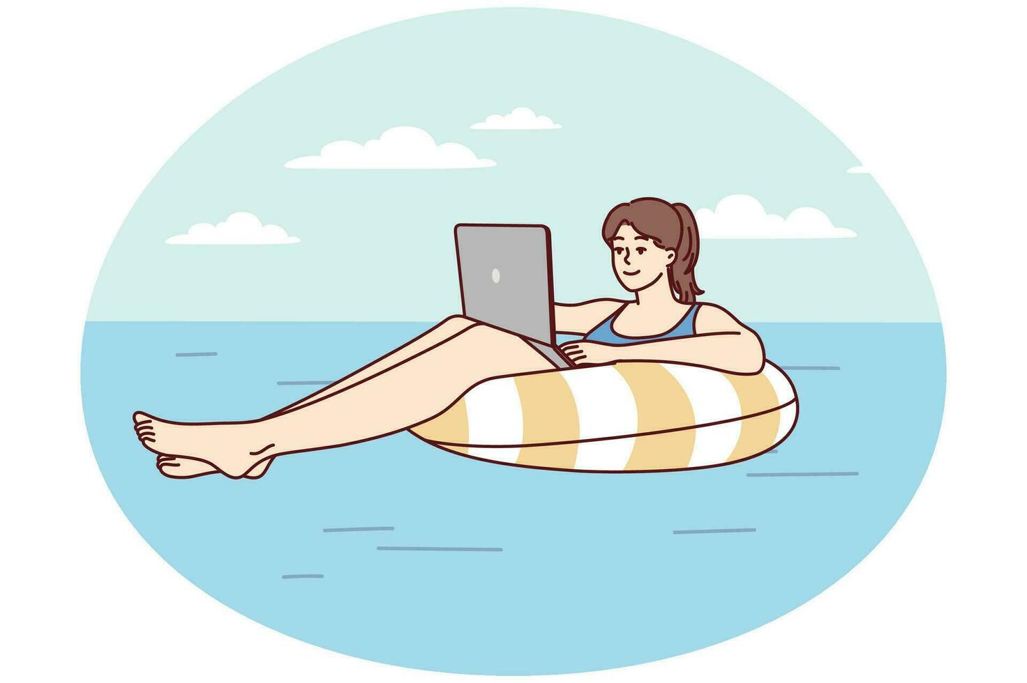 bem sucedido mulher flutua em ar colchão dentro mar com computador portátil em colo dentro ensolarado recorrer. vetor imagem