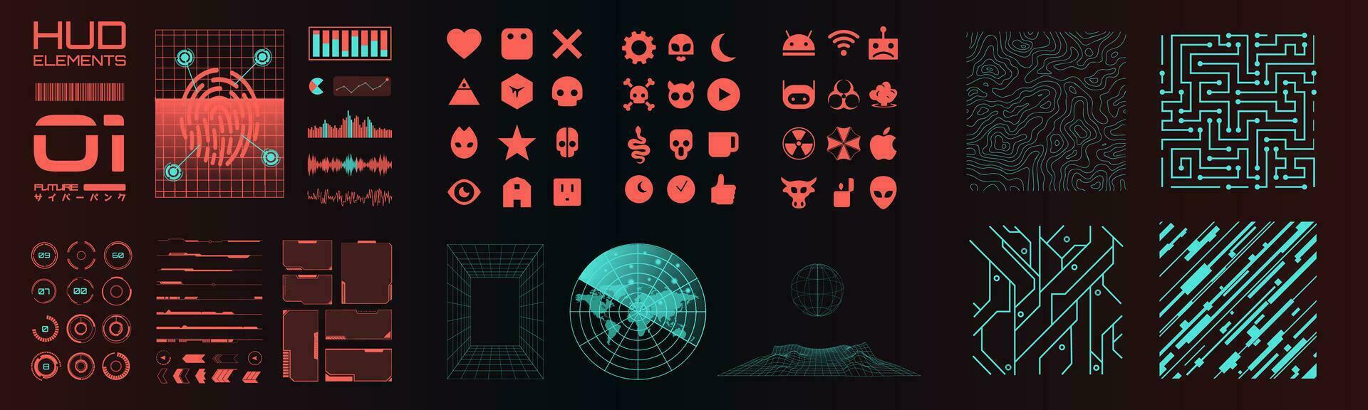 cyberpunk 3d cósmico formas. digital hud elementos. informação, rótulo caixas e bares. interface do usuário, ux futurista partes para layouts e modelos. hologramas, gráficos e virtual realidade visualizações. vídeo jogos mapas. vetor