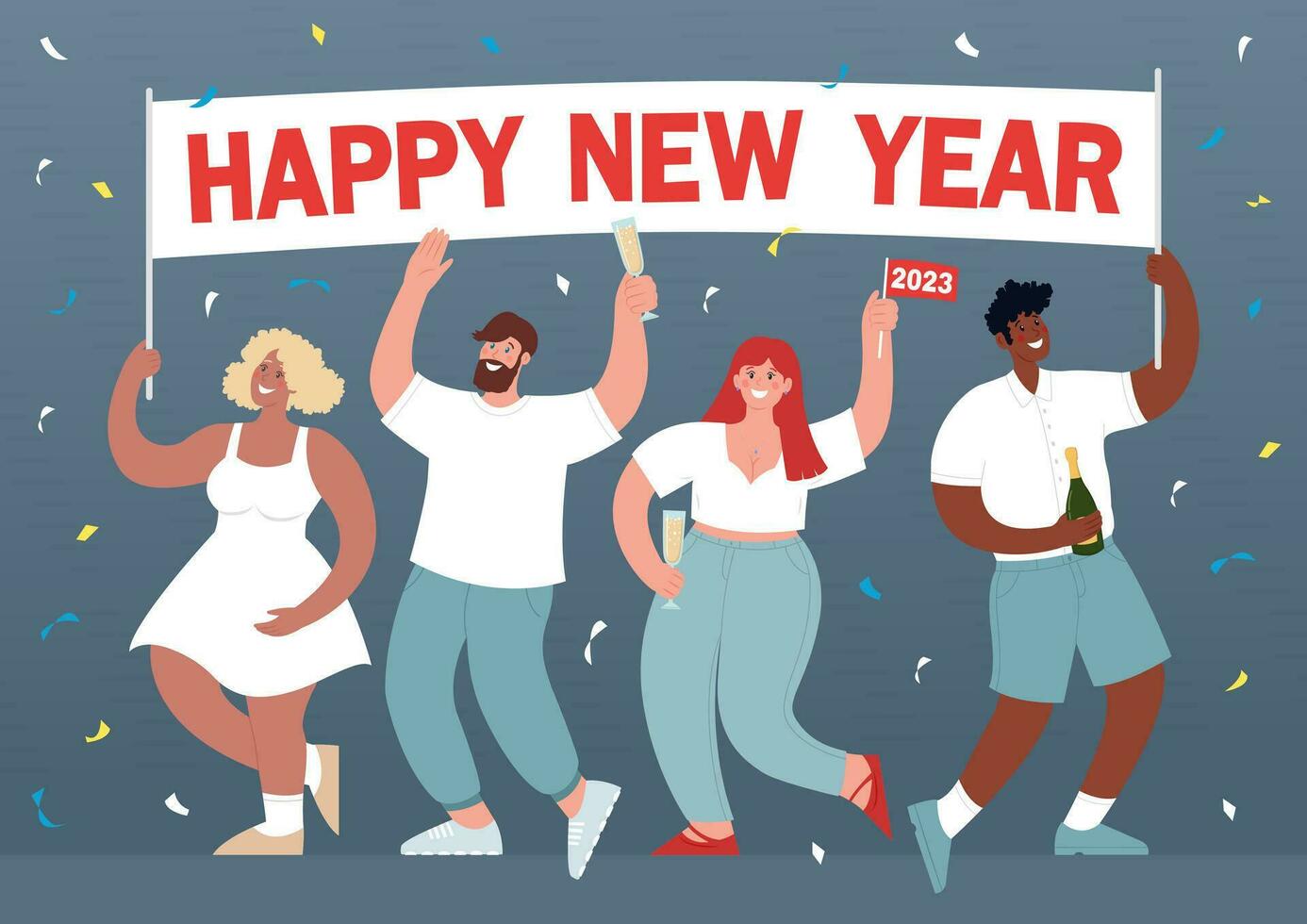 horizontal bandeira do feliz Novo ano com diferente pessoas. pessoas ter Diversão e beber champanhe. moderno vetor plano ilustração.
