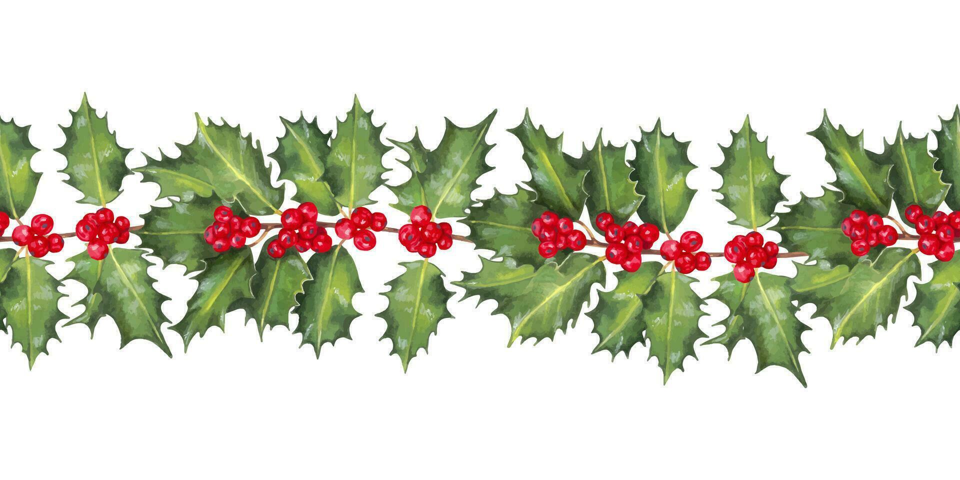 Natal desatado horizontal fronteira, quadro, Armação do azevinho galhos com vermelho bagas. decoração para a inverno feriados Novo ano, Natal. aguarela e marcador Natal feriado design.feito à mão isolado arte. vetor