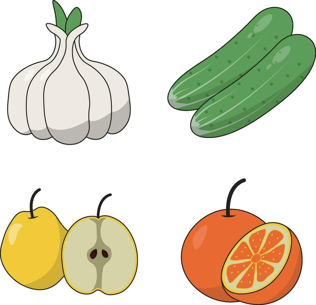 frutas e legumes com diferente tipos. isolado em branco fundo. vetor ilustração definir.