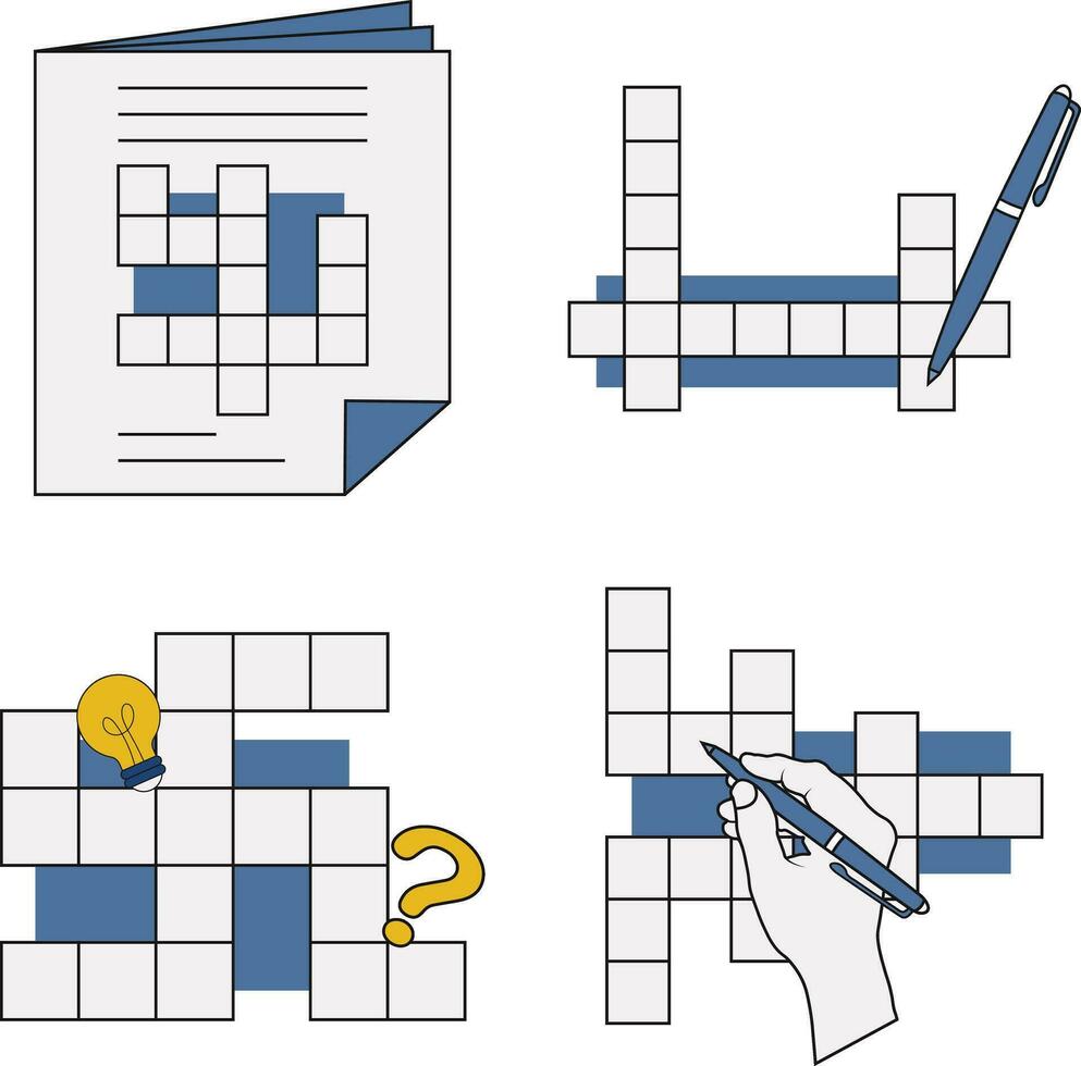 conjunto do palavras cruzadas enigma dia. com caneta, lâmpada, e mão. isolado vetor ilustração.