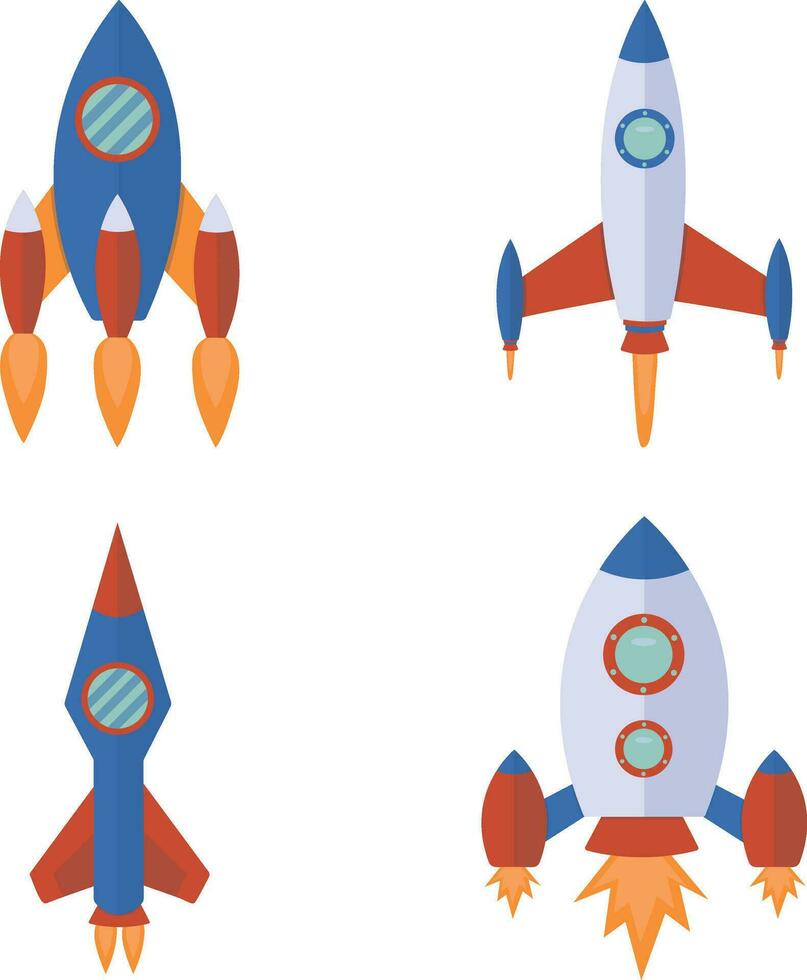 conjunto do nave espacial foguete. dentro plano desenho animado Projeto e forma. isolado vetor ilustração.