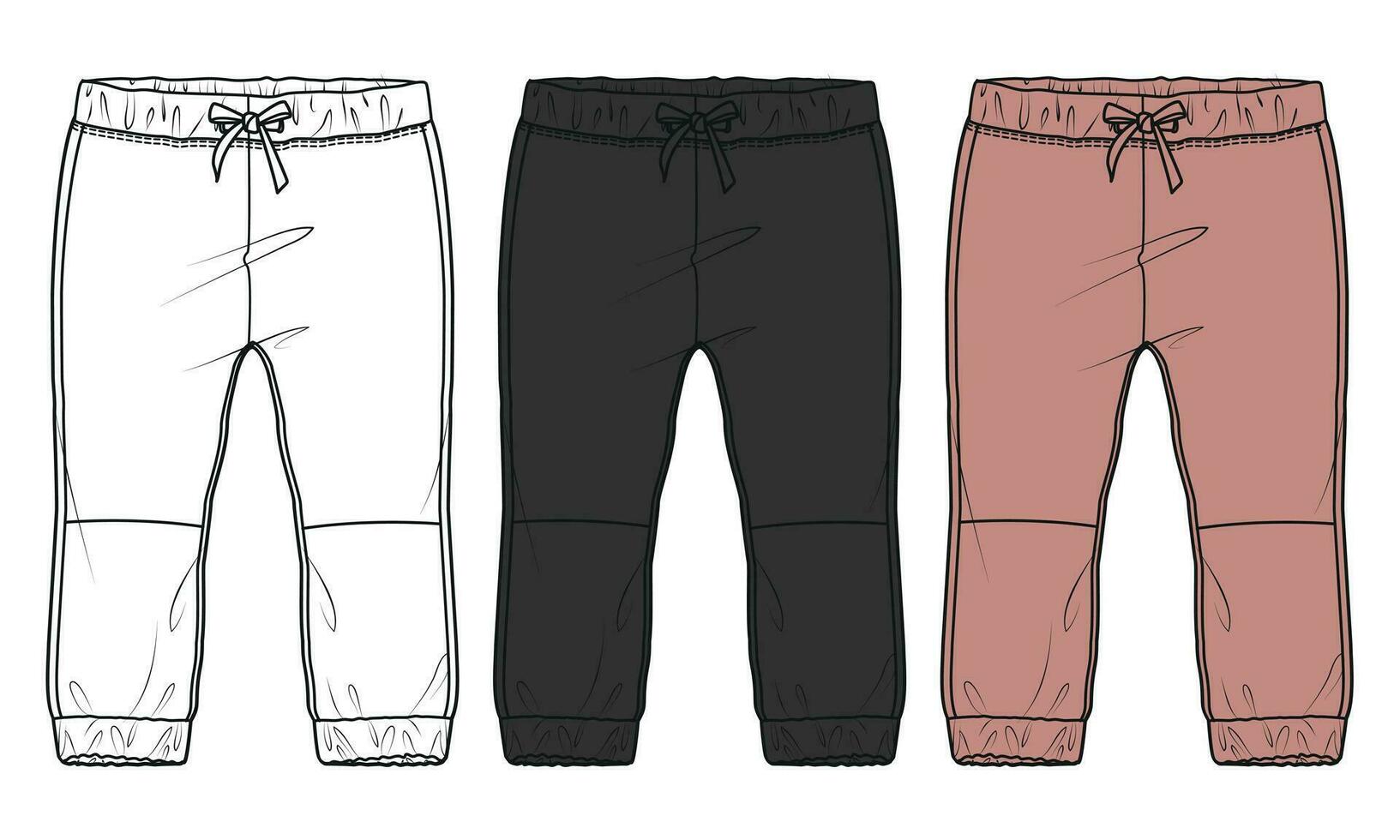 lã algodão jérsei básico suor calça técnico moda plano esboço modelo frente e costas Visualizações. vestuário corredor calça vetor ilustração branco, Preto e roxa cor zombar acima para crianças e Rapazes.