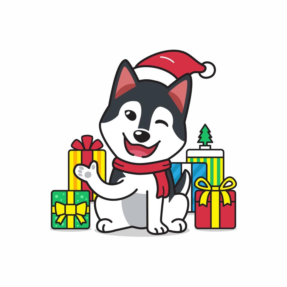 vector cartoon personagem cão husky siberiano com presentes