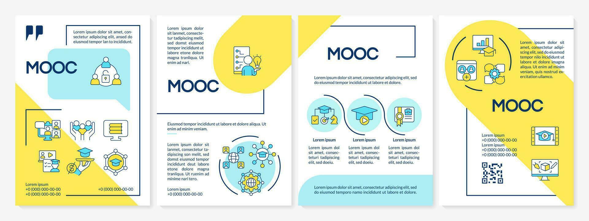 2d mooc multicolorido folheto modelo, folheto Projeto com fino linha ícones, 4 vetor layouts.